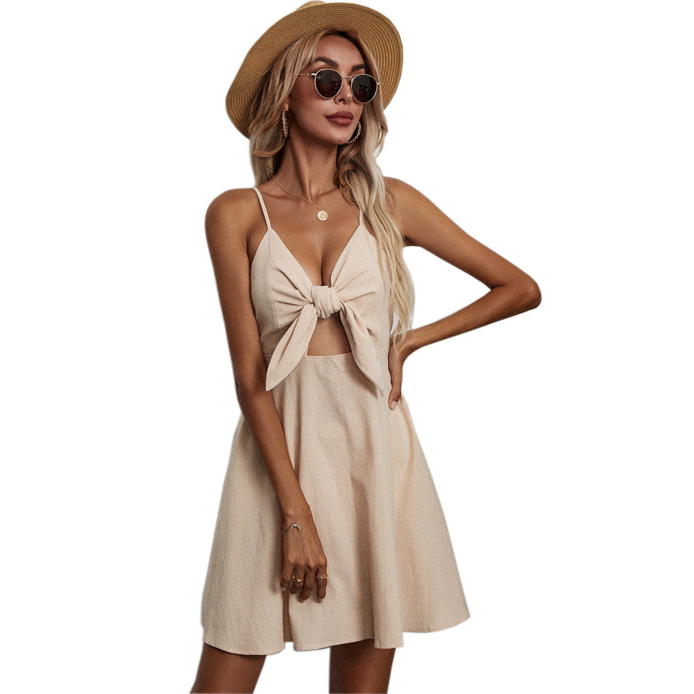 Cary Lace-up Bow Cotton Linen Sleeveless Casual A- line Dress