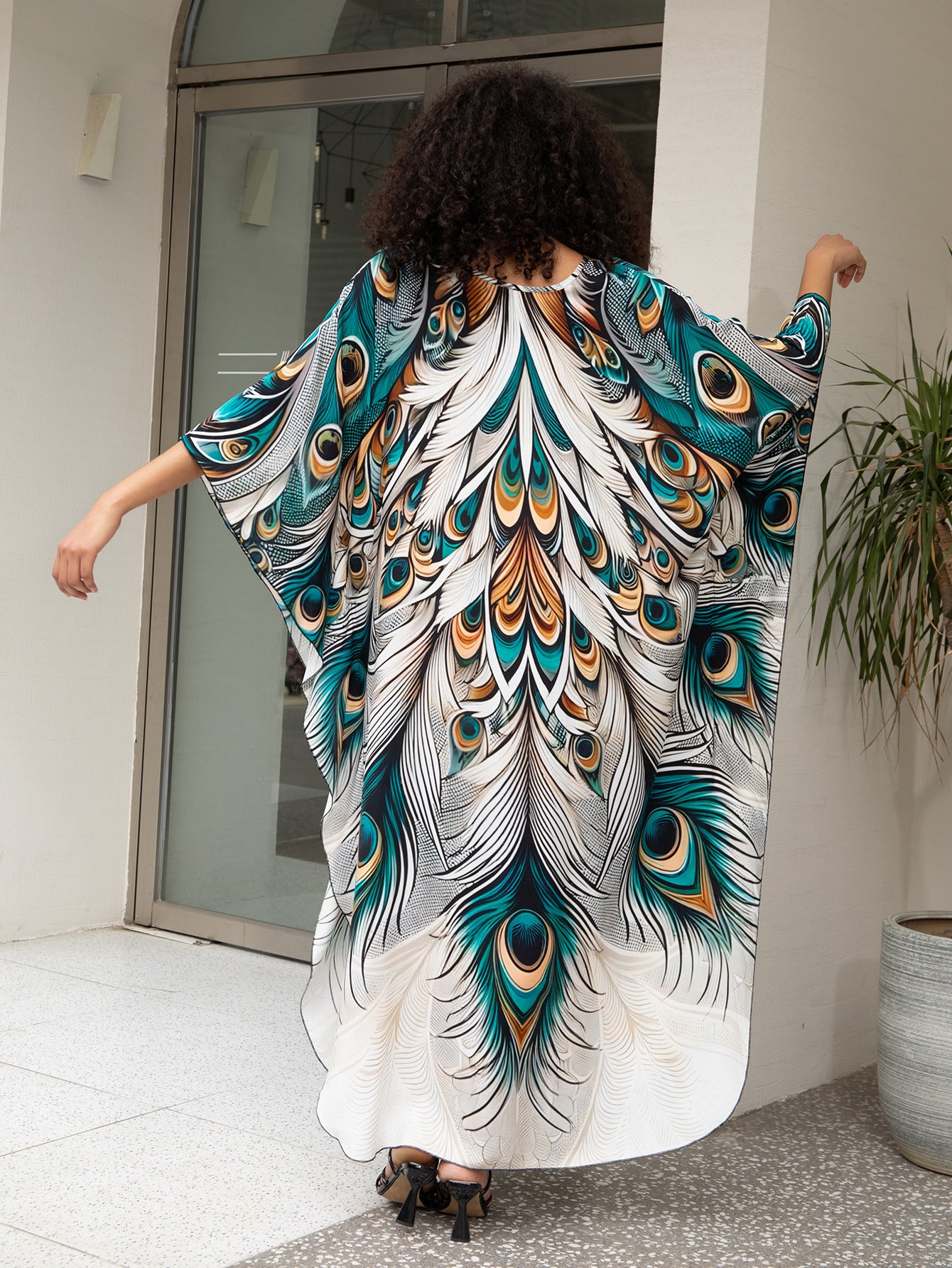 Rayon Print Holiday Loose plus Size Maxi Beach Jumpsuit Robe Women Beach Cover Up