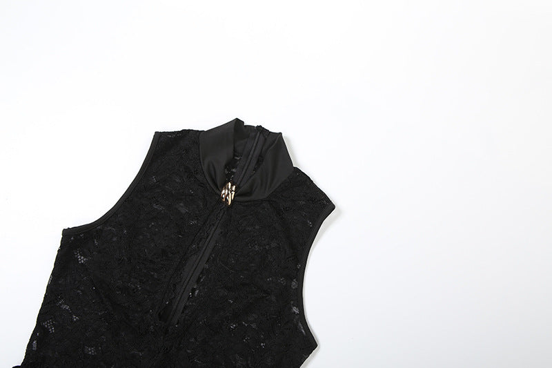 Autumn Winter Women Lace Stitching Sleeveless Sexy High Waist Slim Fit Micro Pull Jumpsuit