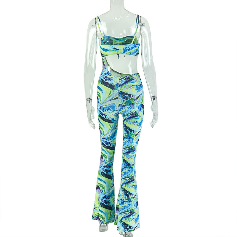 Special Women Clothing Printed Asymmetric Sexy Bandeau Jumpsuit Lace up Cropped Exposed Jumpsuit