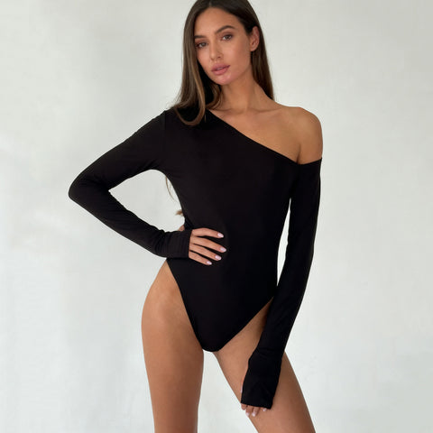 Sloping Shoulder Backless Hollow Out Cutout Long Sleeved