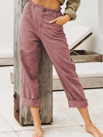 Women Clothing Summer Solid Color Cotton Linen Loose High Waist Casual Trousers