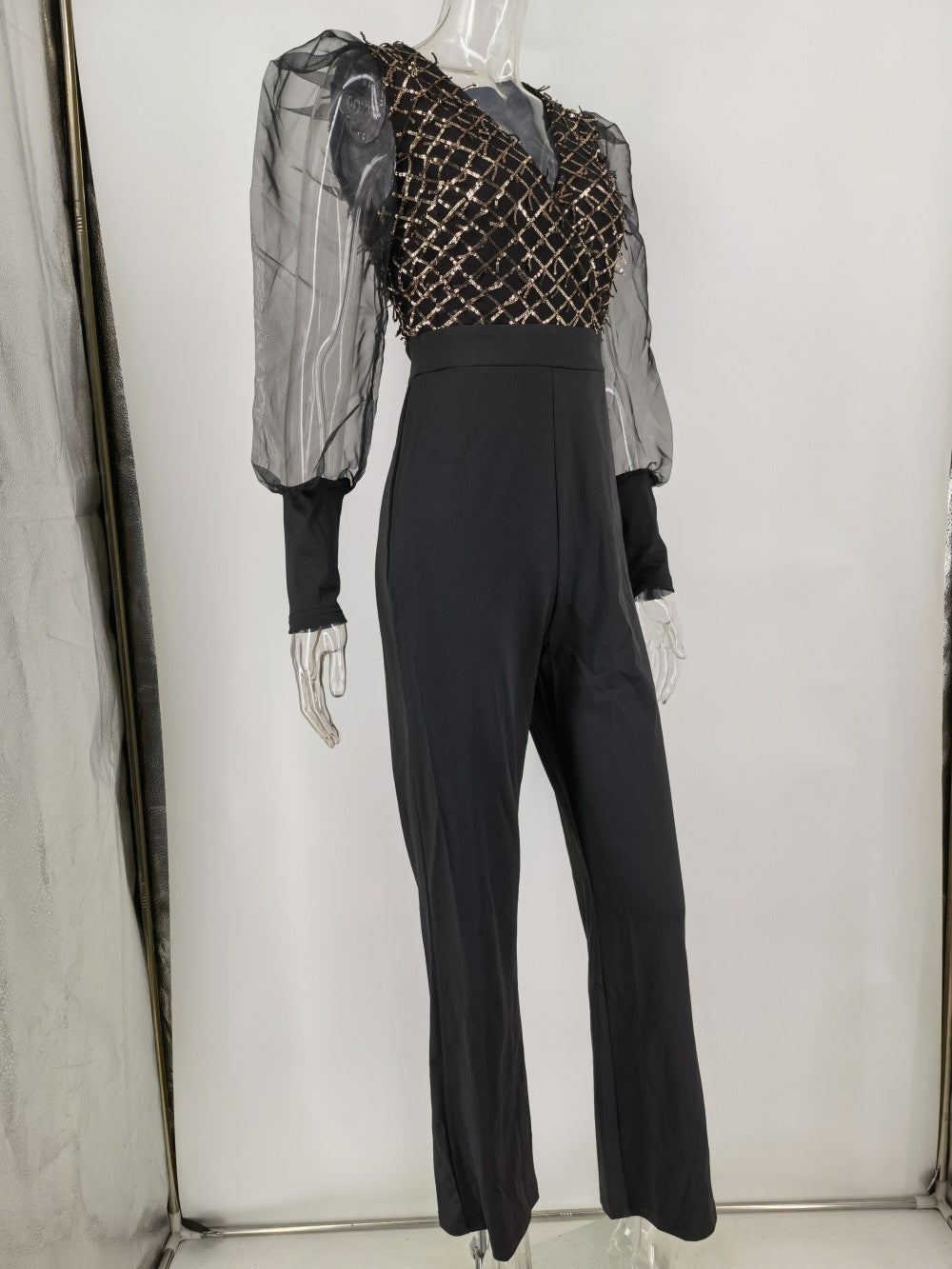 Sexy Retro Mesh Long Sleeve Stitching Jumpsuit Women Clothing