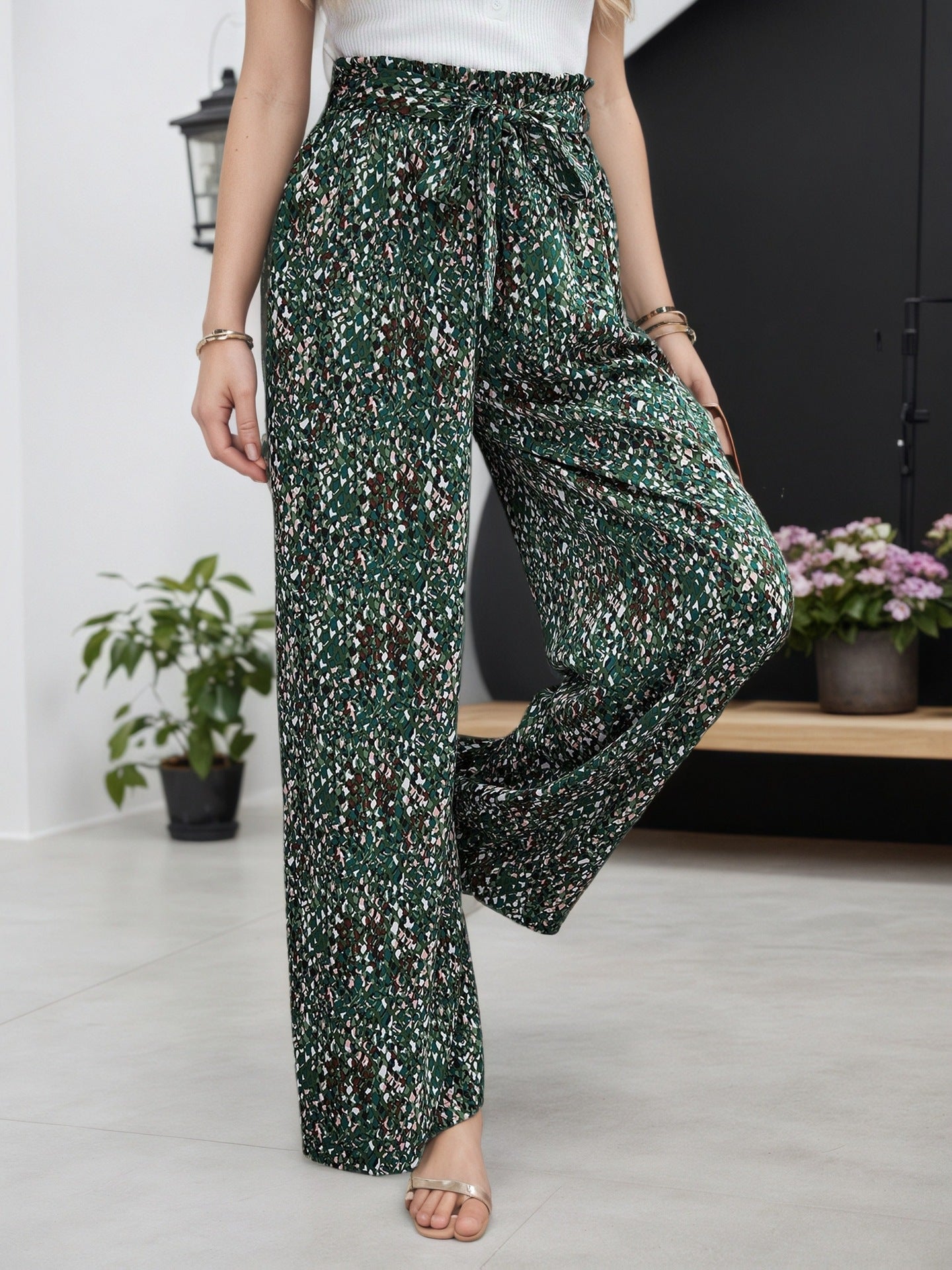 French Vintage Floral Bow Tied High Waist Drooping Wide Leg Pants Women Summer Loose Slimming Casual Pants