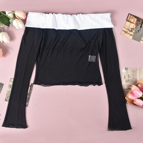 Autumn Contrast off Neck Sheer Long Sleeve
