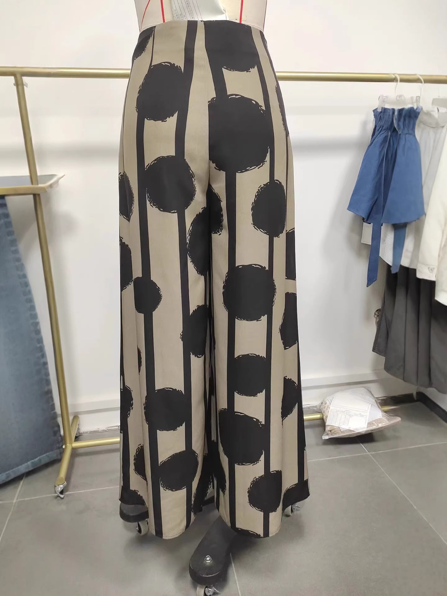 Women Summer Bohemian Printed Wide Leg Pants Loose High Waist Beach Trousers