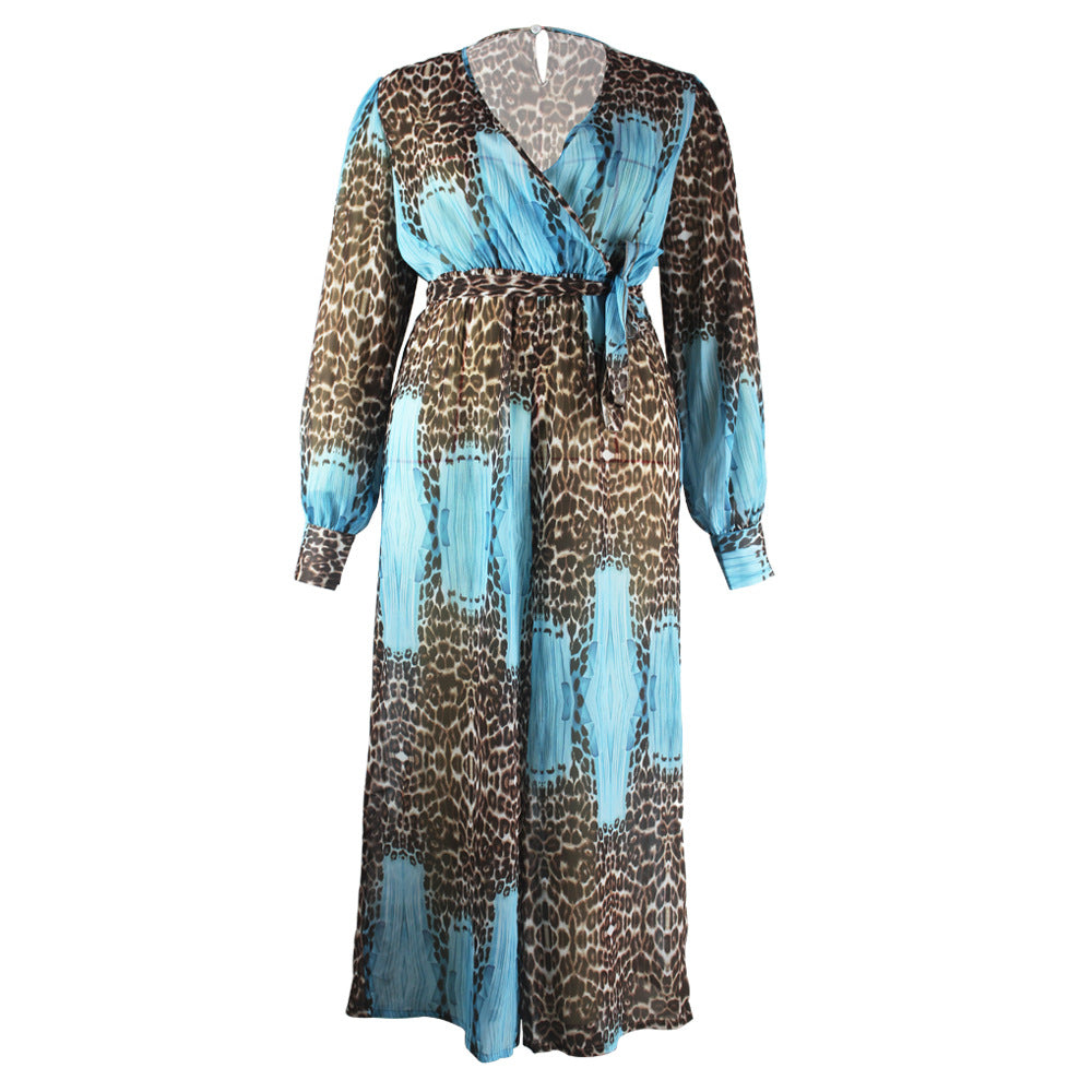 Plus Size Plus Size V neck Chiffon Jumpsuit Leopard Print Fashion Sexy Long with Belt
