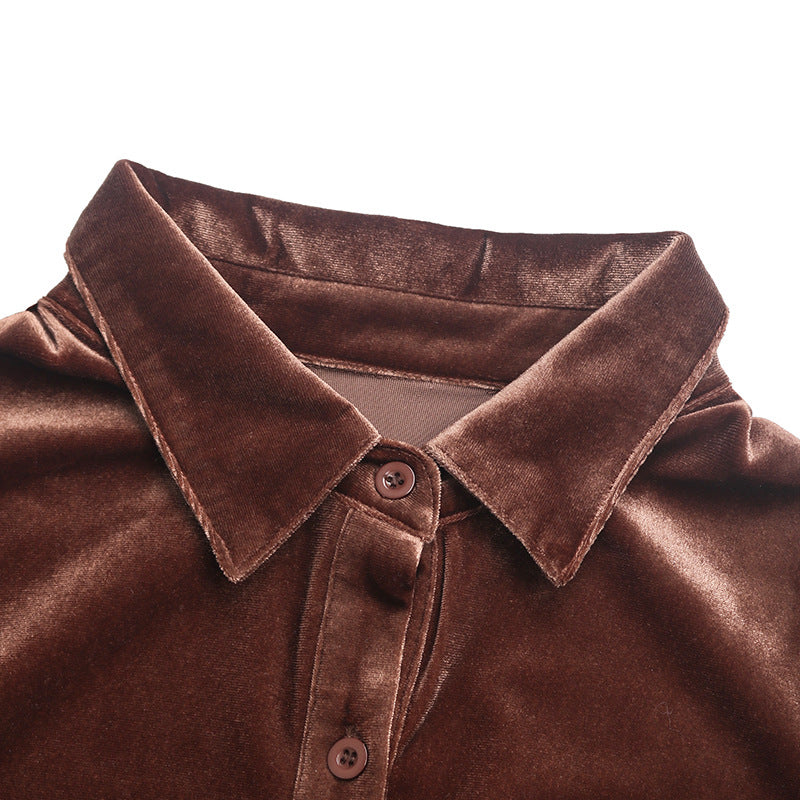 Plus Size Autumn Halloween Retro Women Clothing Velvet Polo Collar Solid Color Shirt for Women