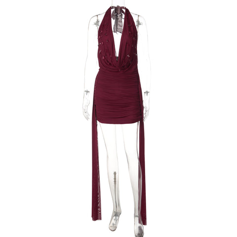 Villa Aura Water Drop Decorative Ribbon Sexy V neck Halter Backless Sheath Dress