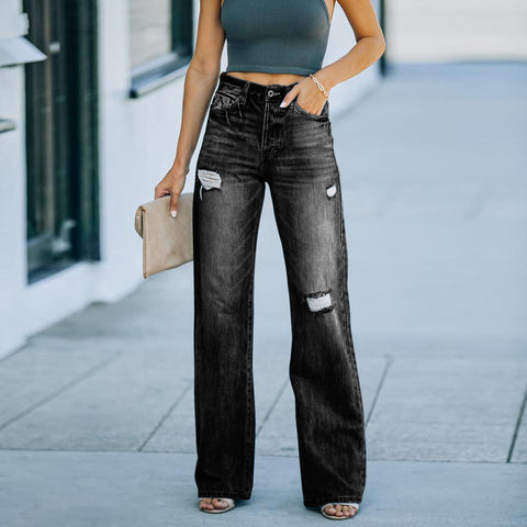 Jeans Women Wash Ripped Slimming Wide Leg Pants Denim Trousers