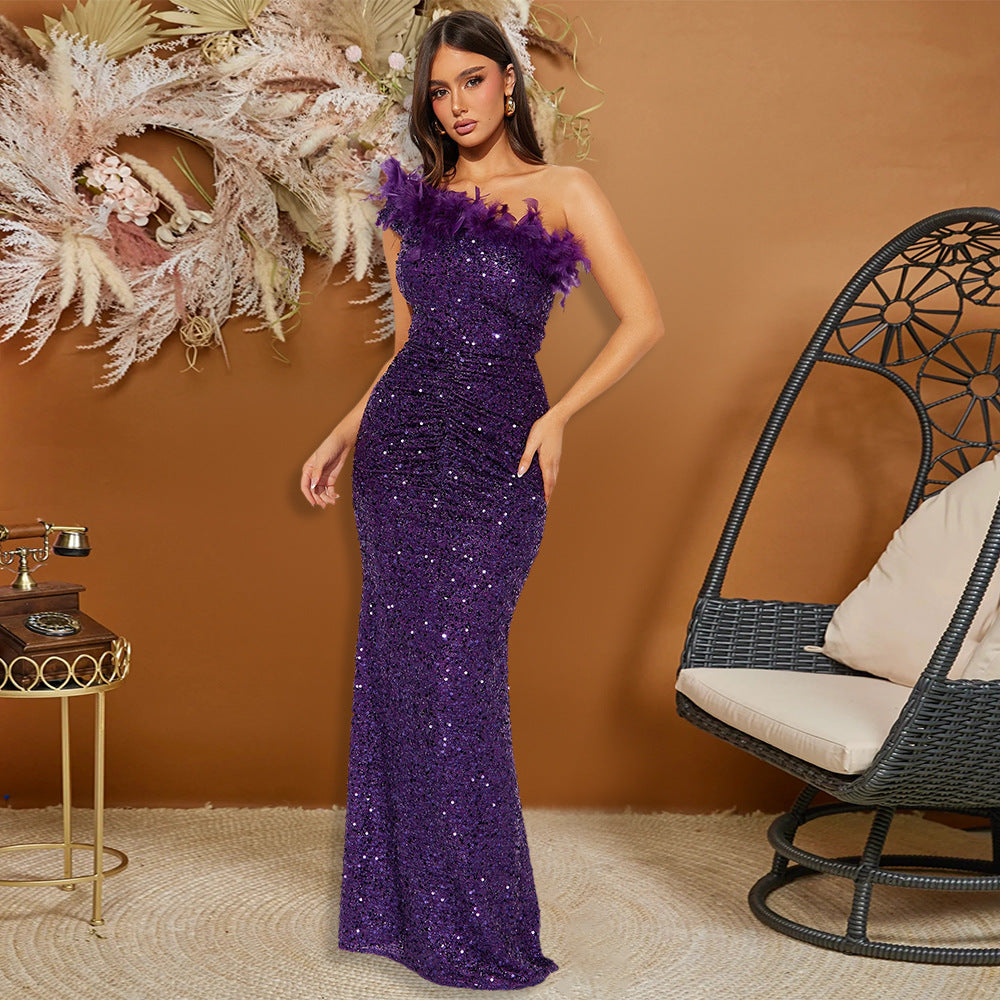 Simon Bolivar Black Paillette Feather Stitching Sequin Evening Maxi Dress