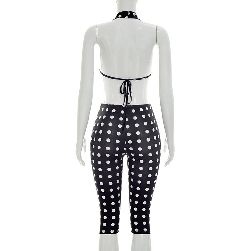 Women Clothing Summer Polka Dot Print Sleeveless Halter Strap Backless Cropped Long Conjoined Trousers