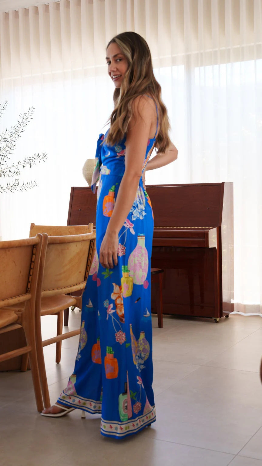 Summer Positioning Printing Casual V neck Strap Wide Leg Lace up Jumpsuit
