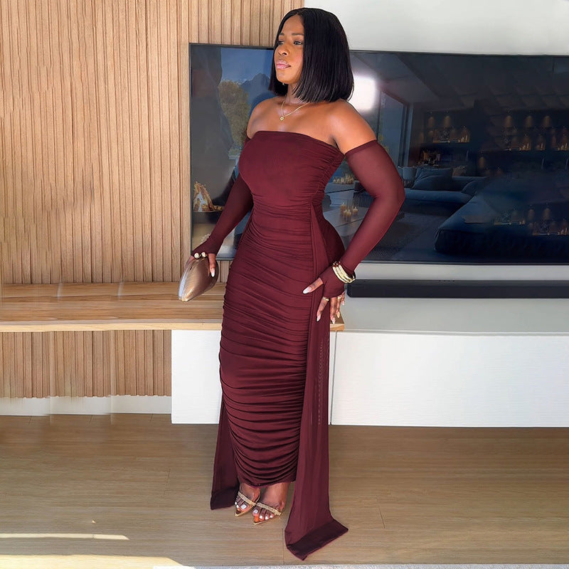 Azua Solid Color off Neck Long Sleeve Ribbon Mesh Pleated Slim Dress