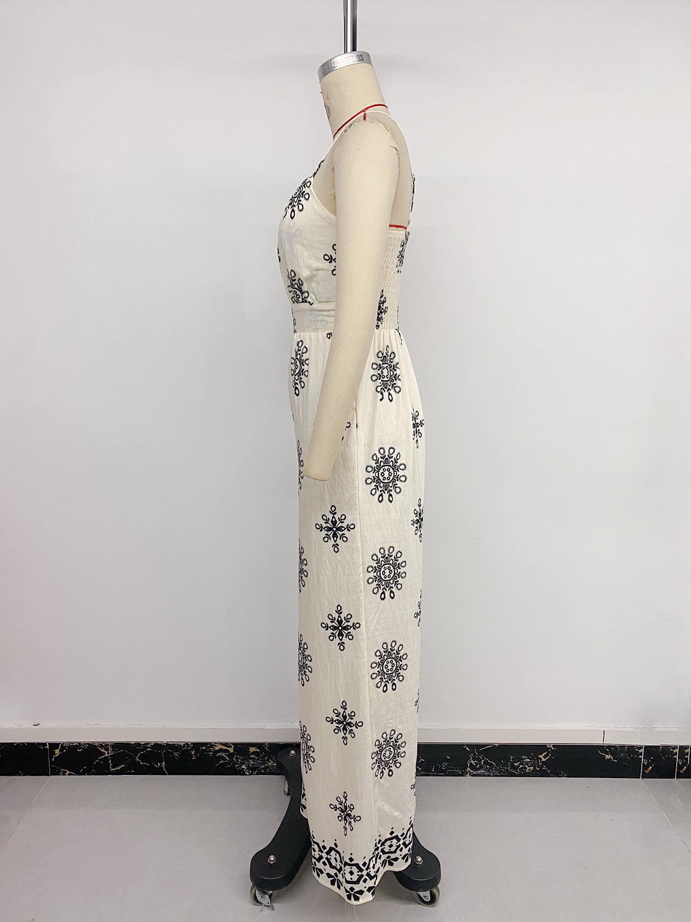 Summer Ethnic Vacation Spaghetti Strap Floral Print Fitted Waist Jumpsuit