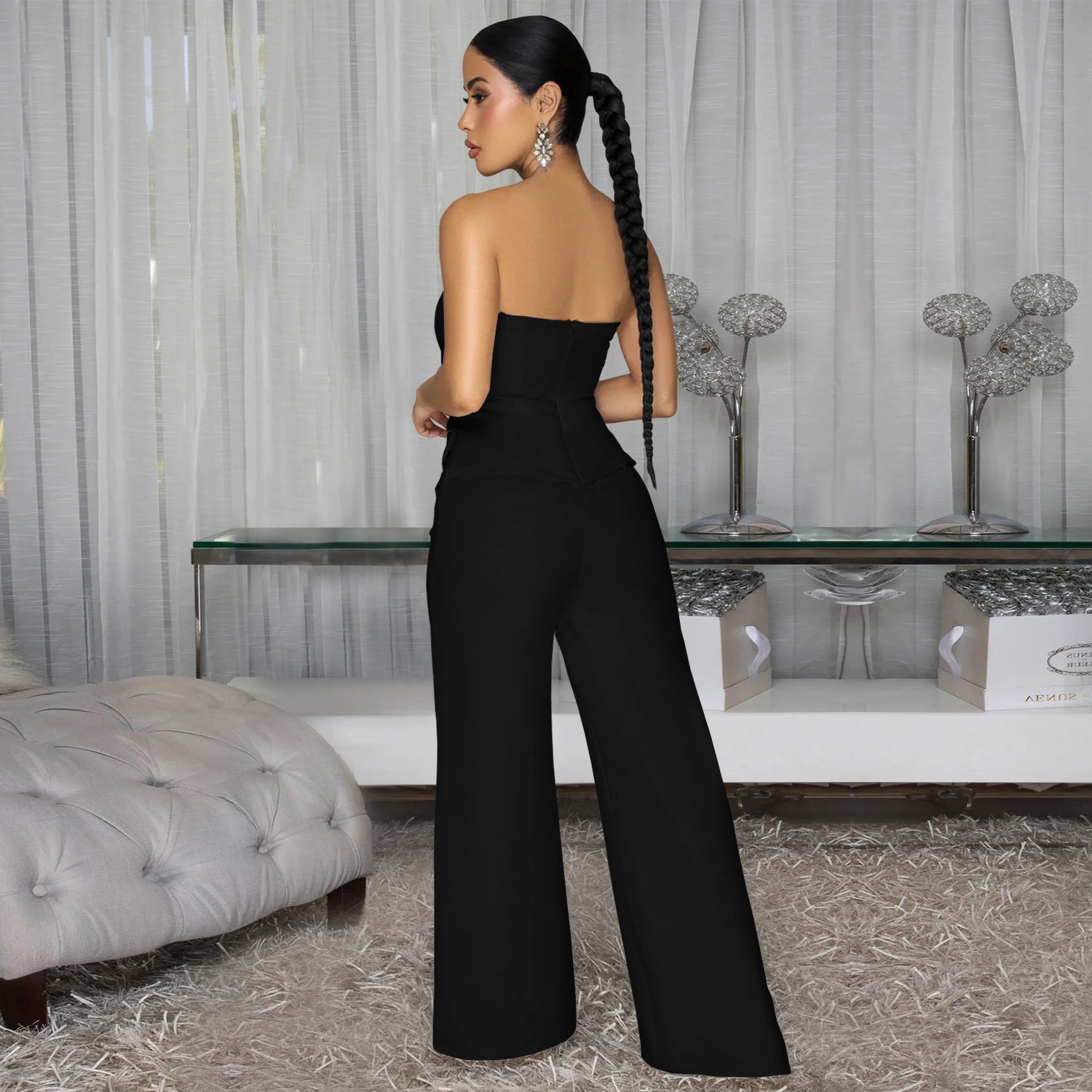 Women Wear Sexy Tube Top Backless Casual Wide Leg Jumpsuit