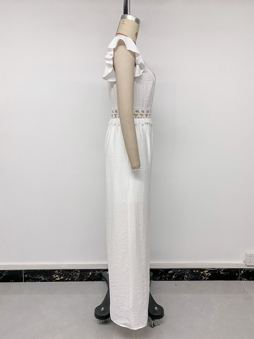 French Gentle Flounced Sleeve Solid Color Lace Hollow Out Cutout out V neck Jumpsuit