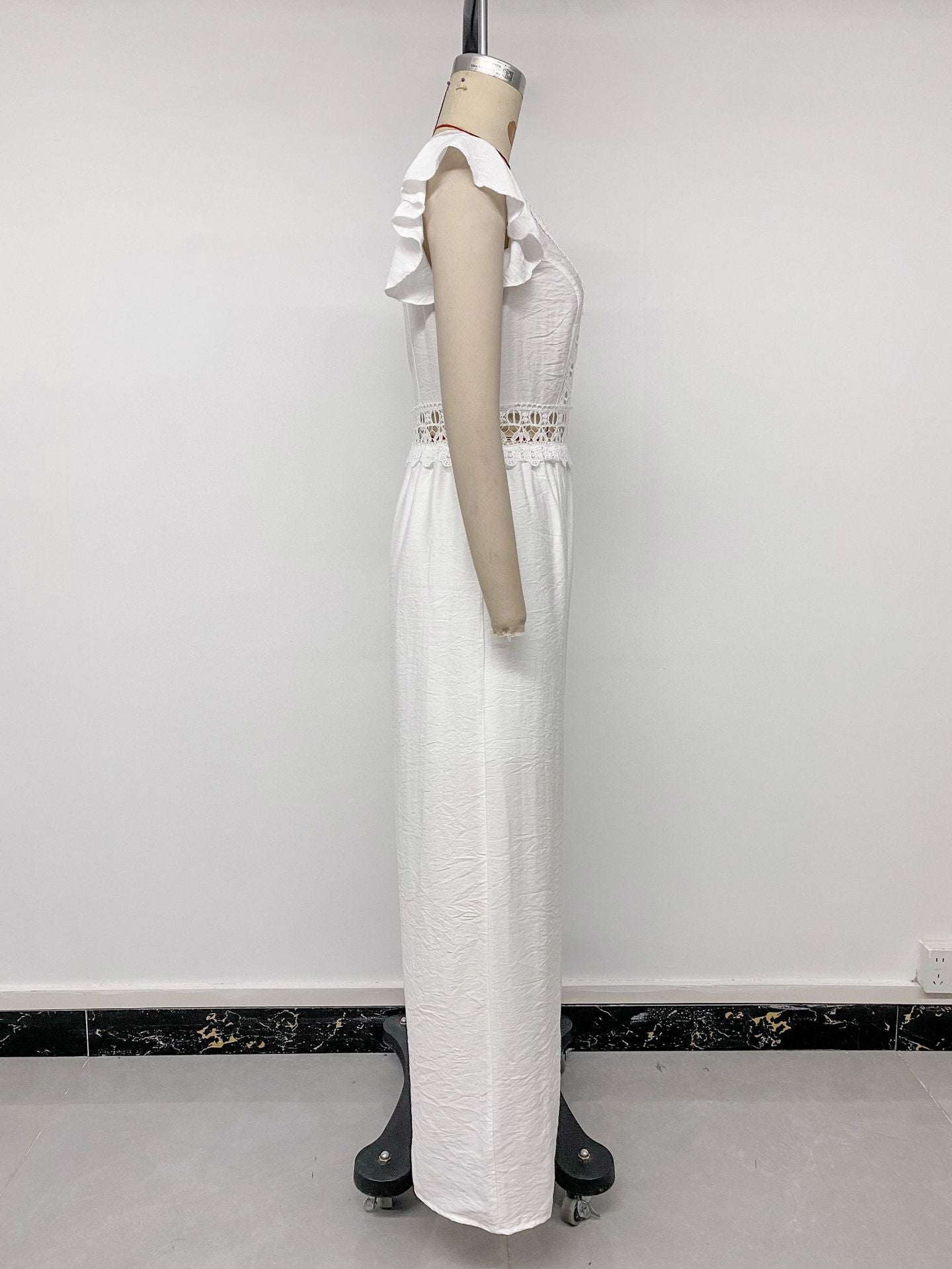 French Gentle Flounced Sleeve Solid Color Lace Hollow Out Cutout out V neck Jumpsuit