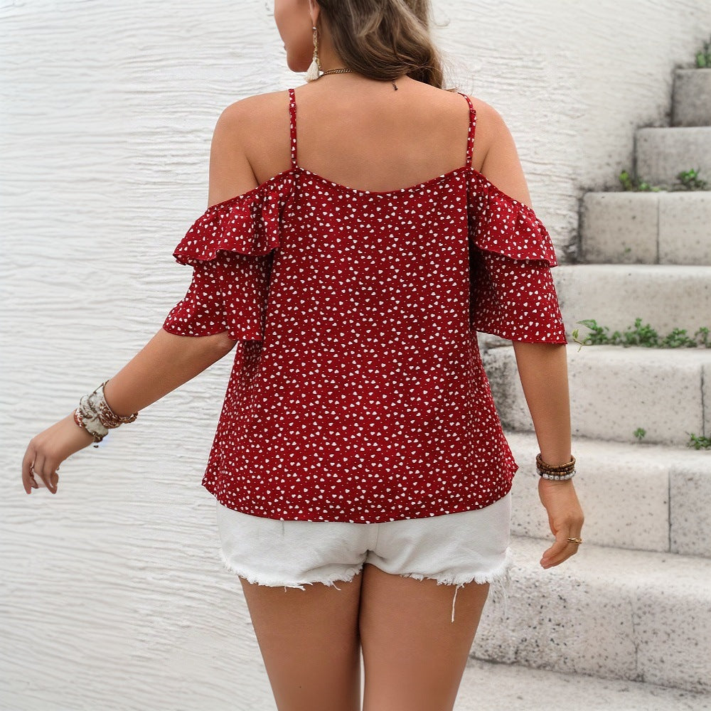 Plus Size Women Clothing Age Reducing Sweet T shirt Summer Slim Fit Slimming Polka Dot Brace Top