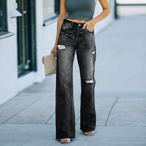 Jeans Women Wash Ripped Slimming Wide Leg Pants Denim Trousers