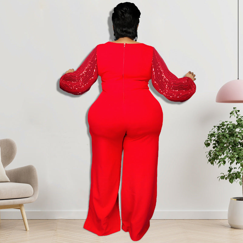 Plus Size Women Clothes Winter New Sequin Sleeve round Neck Jumpsuit New