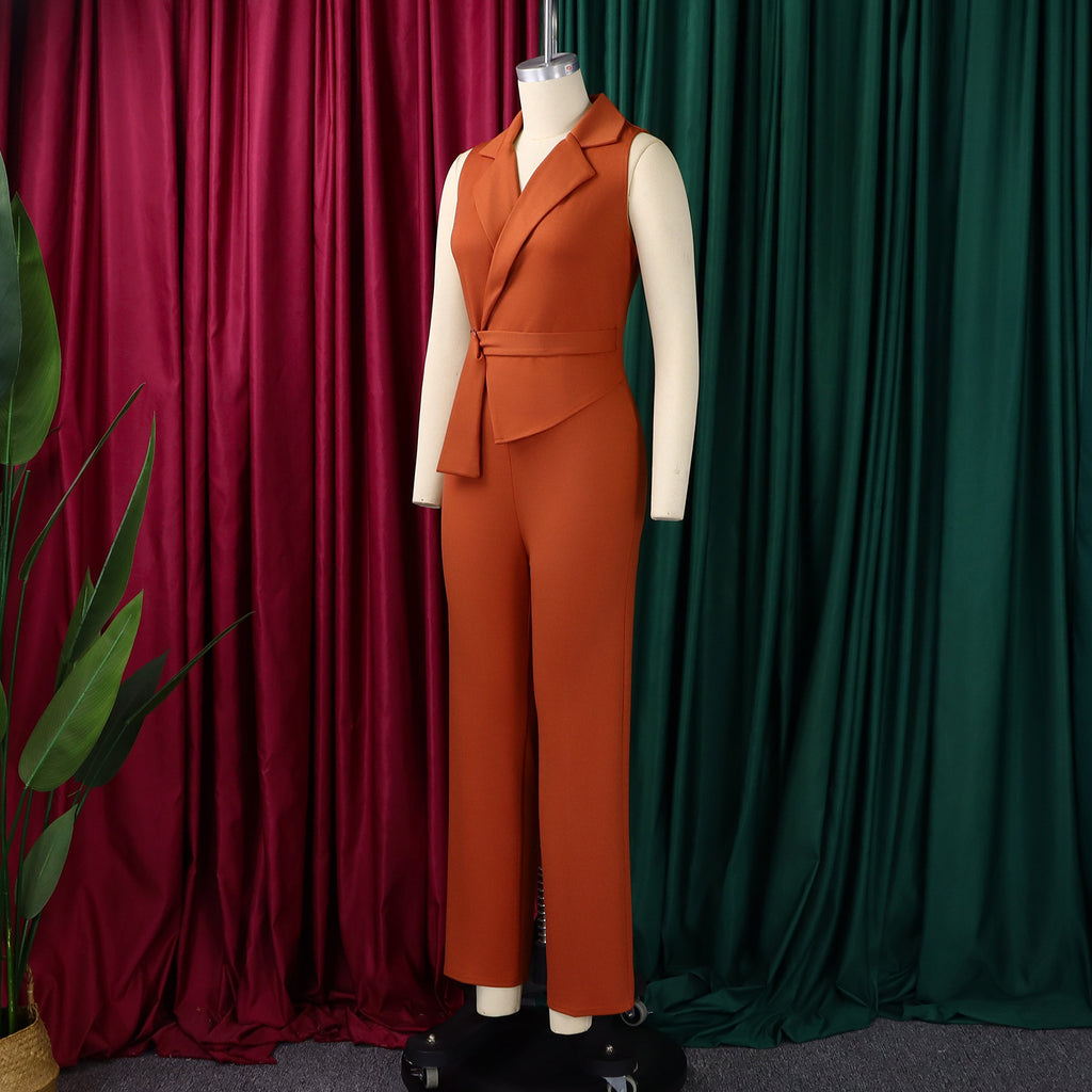 Summer Solid Color Sleeveless Collar Lace up Wide Leg Pants Jumpsuit