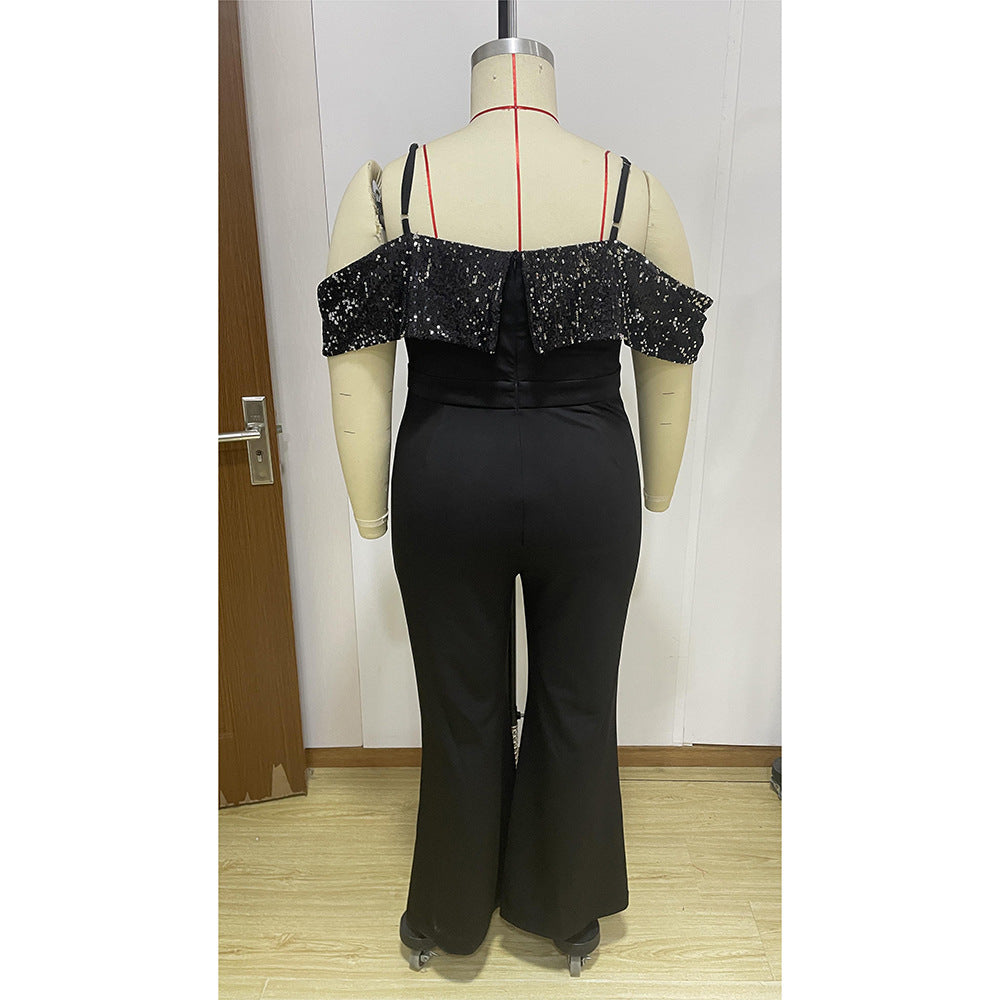 Plus Size Spring Sexy Jumpsuit Plump Girls Slim Fitting Patchwork Sequined Jumpsuit