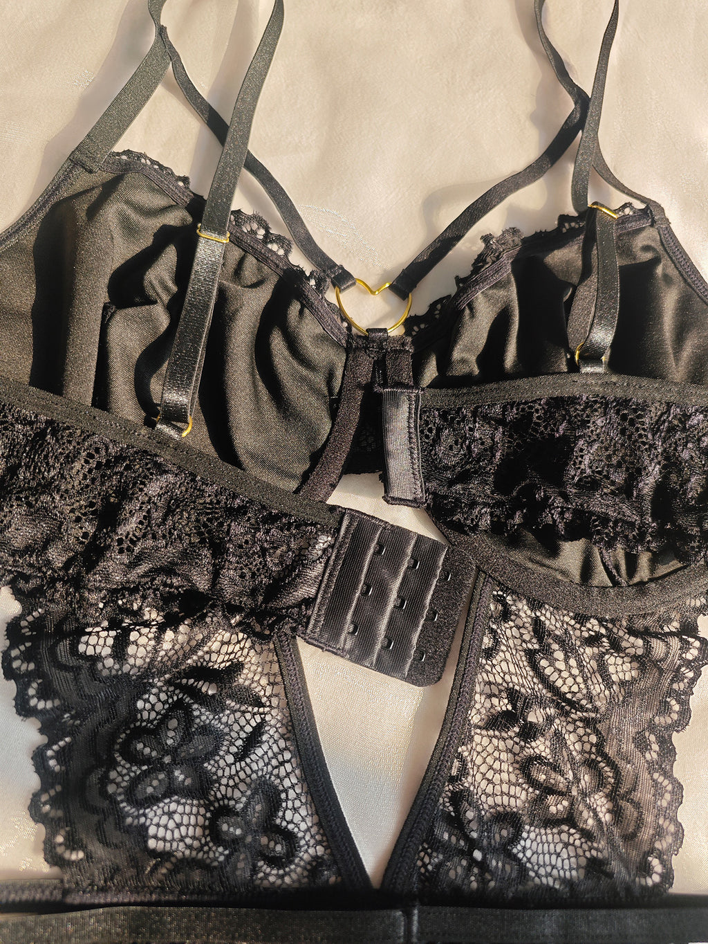 Plus Size Pierced Black Sexy Lace See through Inner Match Steel Ring Jumpsuit Underwear
