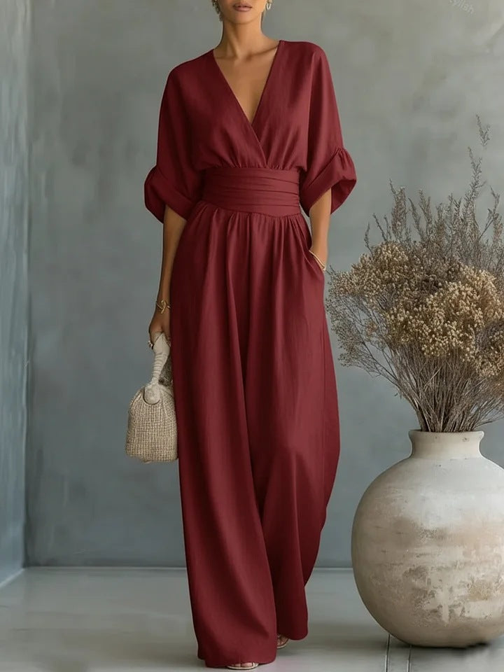 Spring Summer Elegant Tight Waist V neck Elegant Women Jumpsuit