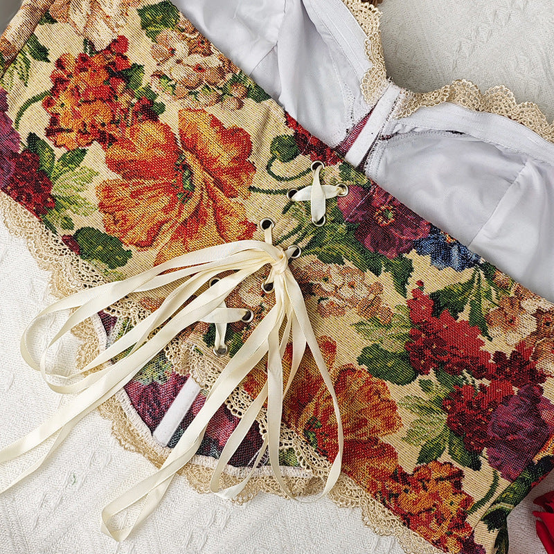 Plus Size Retro French Boning Corset Corset Sexy Vest Floral Wrapped Chest Tied Top Women Clothing
