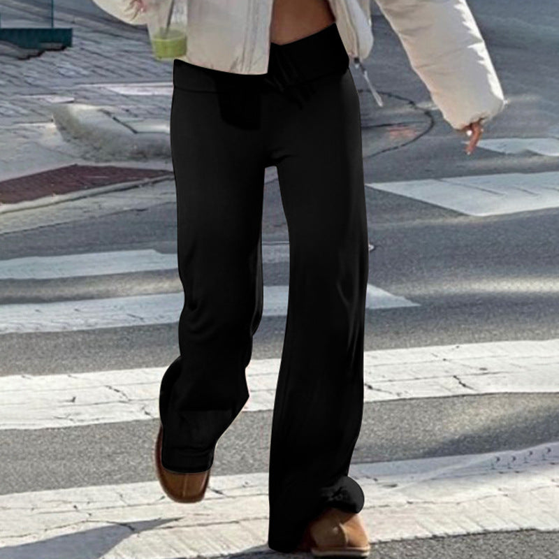Spring Summer Street Outdoor Home Casual Pants Waist Lace up Smooth Straight Leg Trousers