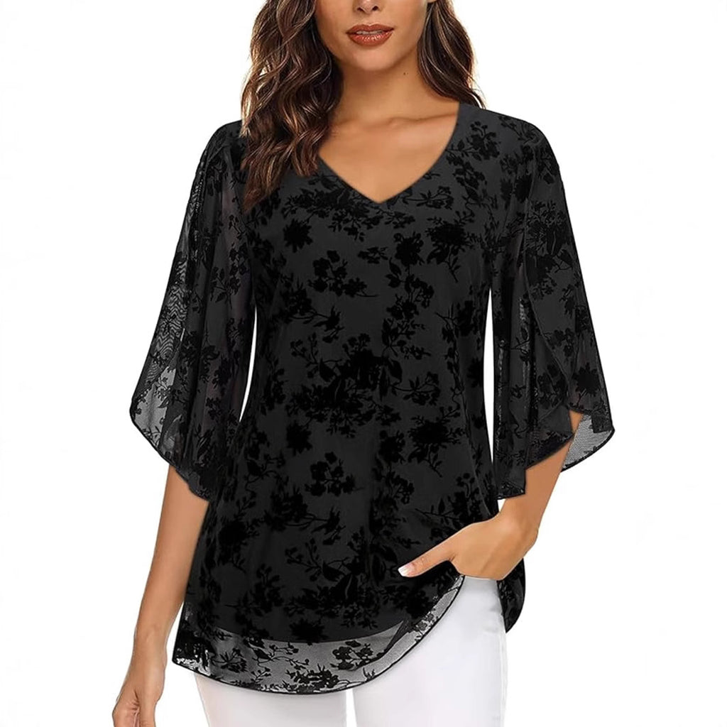 Double Layer Flocking Elastic Mesh Women Summer 3/4 Flare Sleeve Waist V neck Top