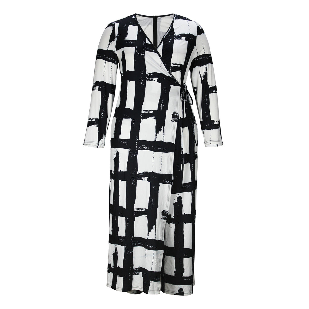 Plus Size Women Clothing V Neck Elements Printed Long Sleeve Loose Jumpsuit