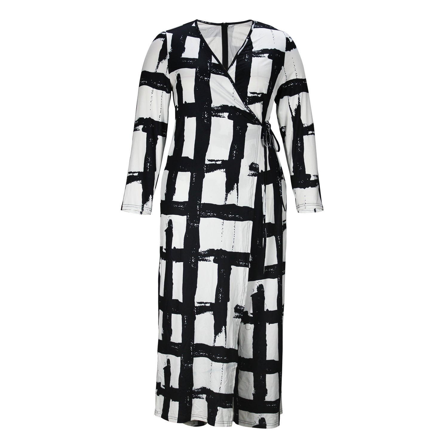 Plus Size Women Clothing V Neck Elements Printed Long Sleeve Loose Jumpsuit
