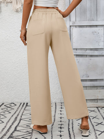 Summer Women Casual Drawstring Elegant Trousers Wide Leg Pants with Pockets