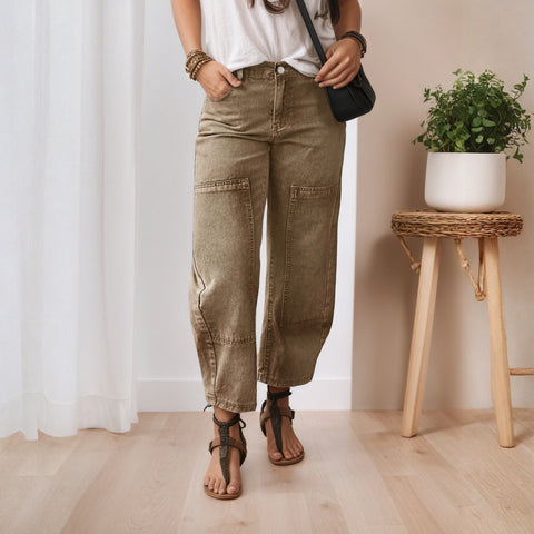 Women Barrel Jeans Wide Leg Loose Casual Cropped Jeans Dark Brown Denim
