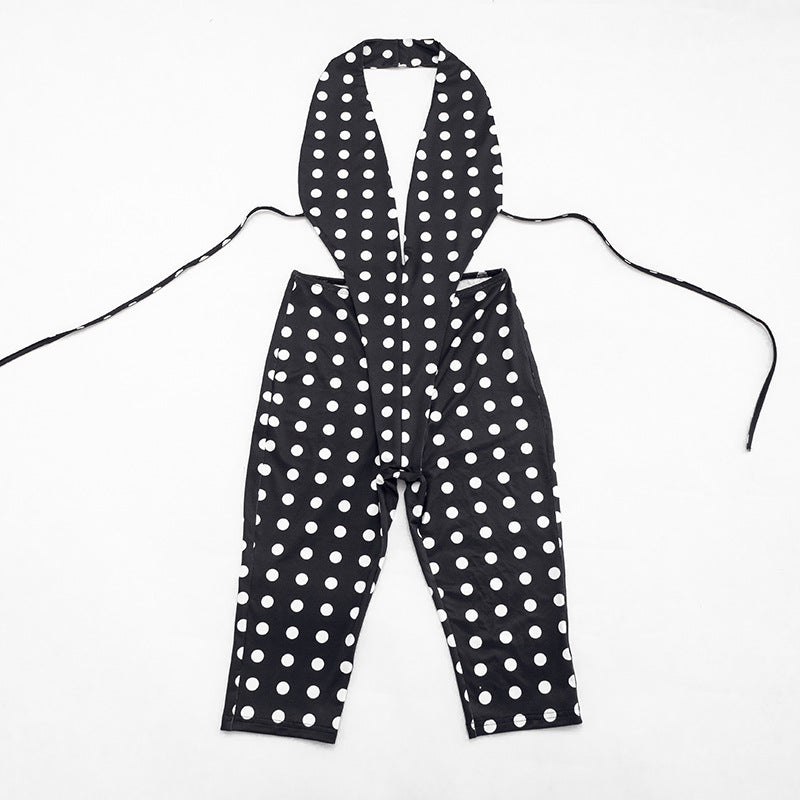 Women Clothing Summer Polka Dot Print Sleeveless Halter Strap Backless Cropped Long Conjoined Trousers