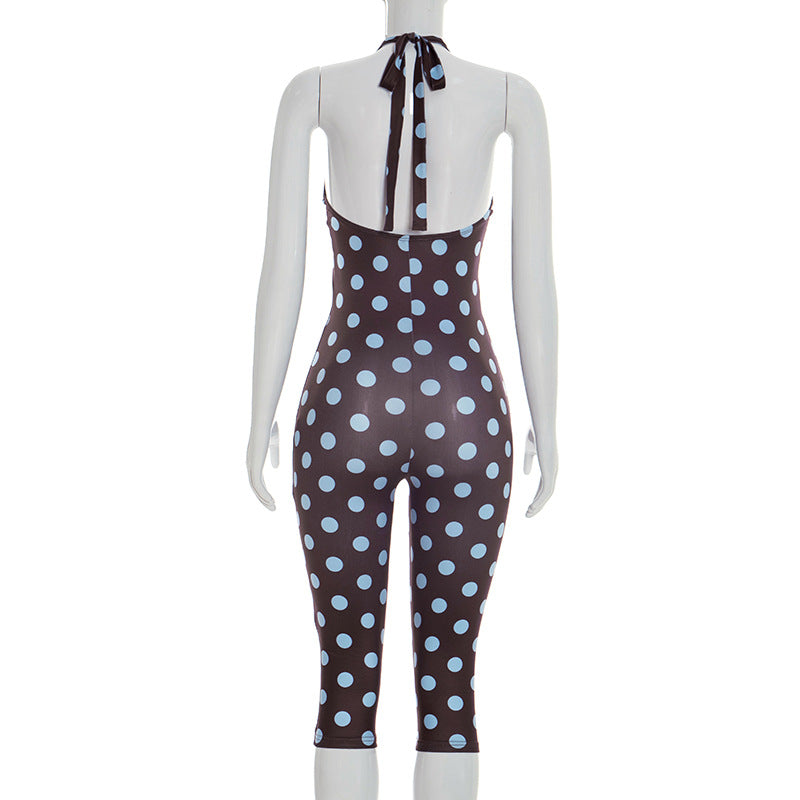 Women Clothing Summer Polka Dot Print Sleeveless Halter Tied Slim Fit Cropped Jumpsuit