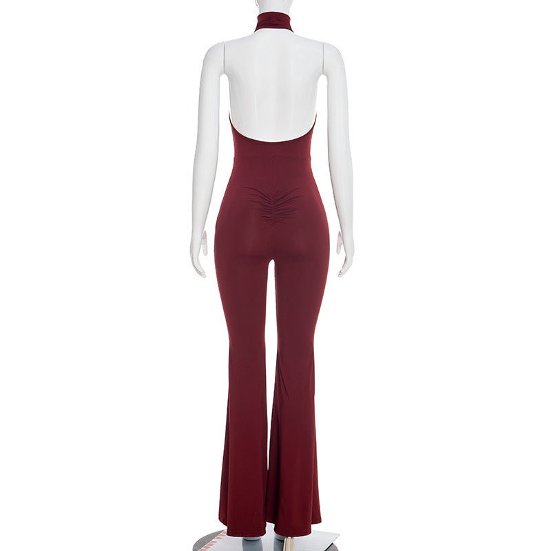 Women Clothing Spring Summer Sexy Slim Fit Turtleneck Halter Backless Bootcut Pants Jumpsuit for Women