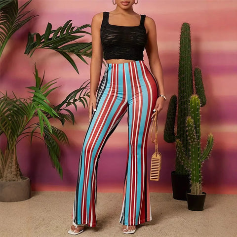 Women Pants Personality Hippie Clothing Elastic Waist Color Striped Printing Slim Fit Bell Bottom Pants