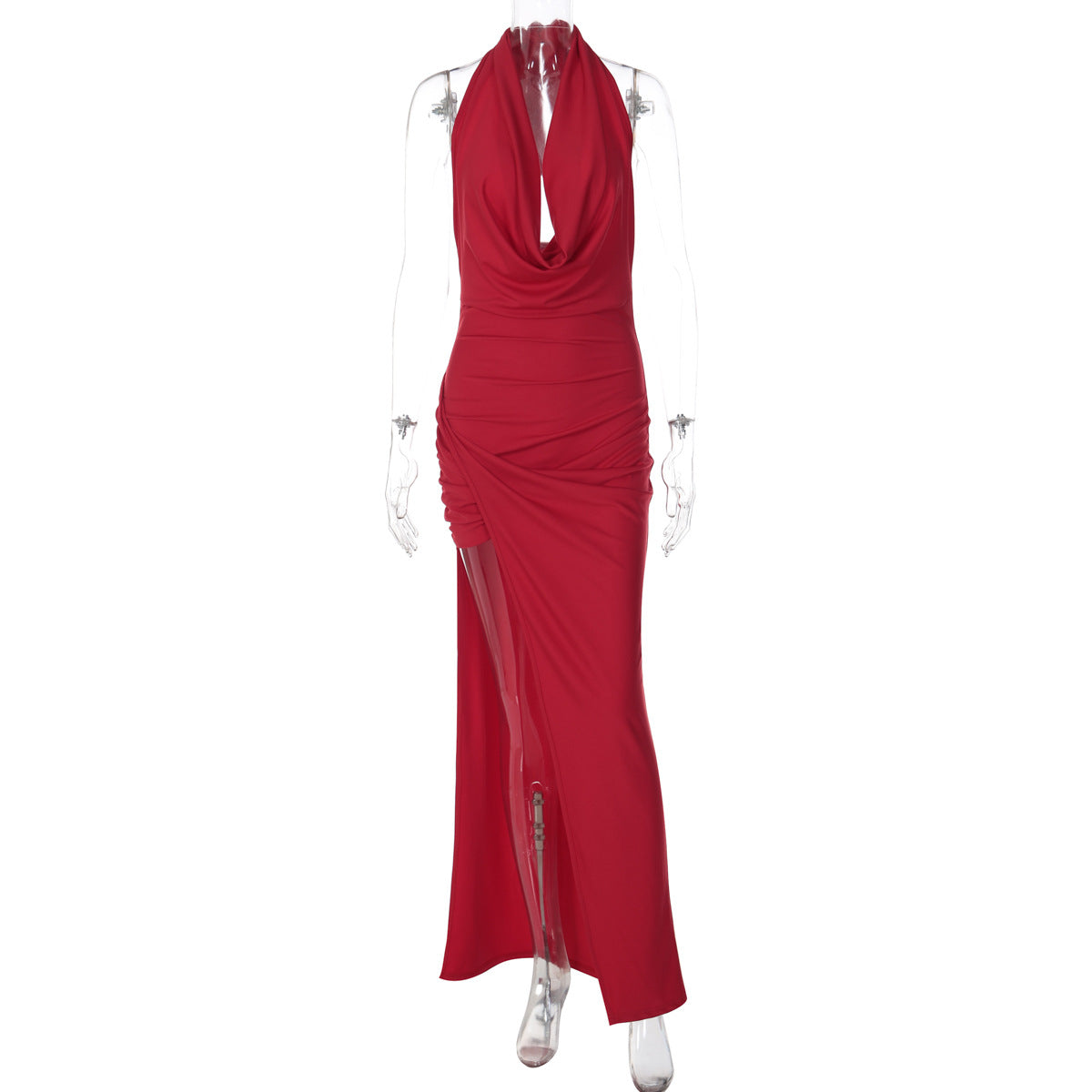 Herdenson Sexy Deep V Plunge neck Solid Color Split Halter Backless Dress