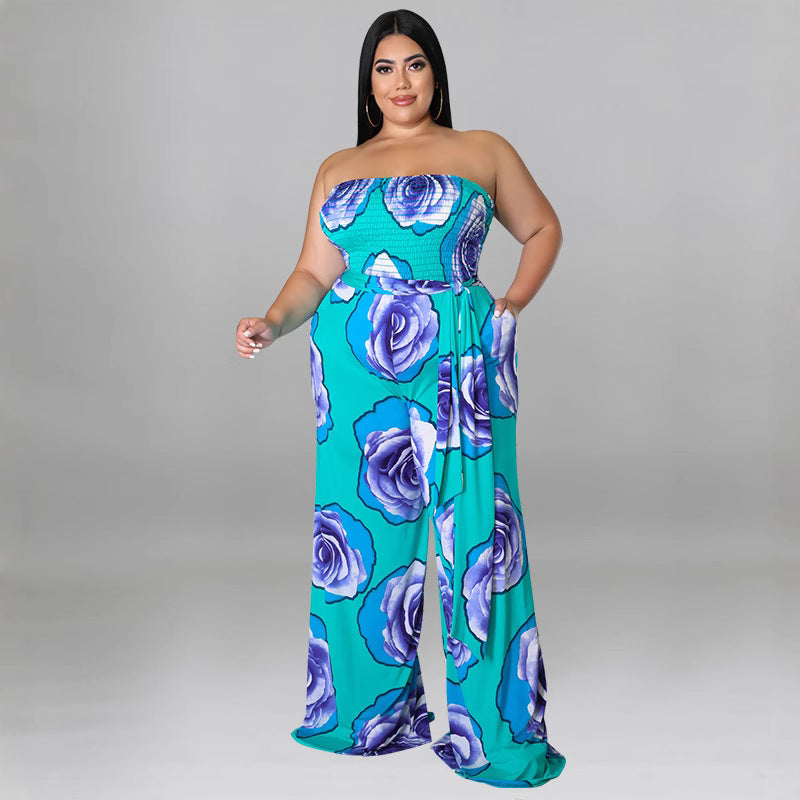 Plus Size Women Clothing Summer Smocking Cool Sleeveless Rose Tube Top Jumpsuit