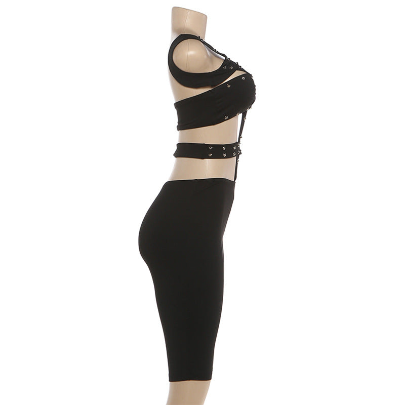 Spring Women's Trendy Unique Rivet Sexy Cutout Tight Five Point Jumpsuit