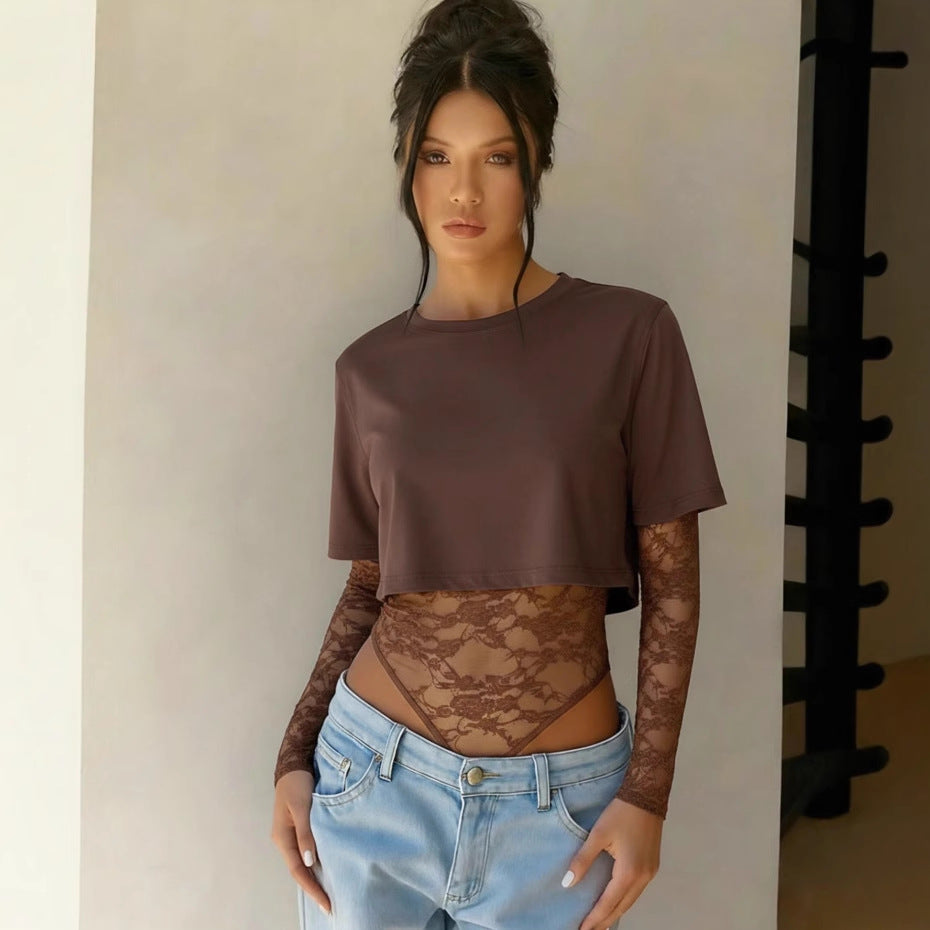 Solid Cropped Outfit Slim Lace  Sleeve
