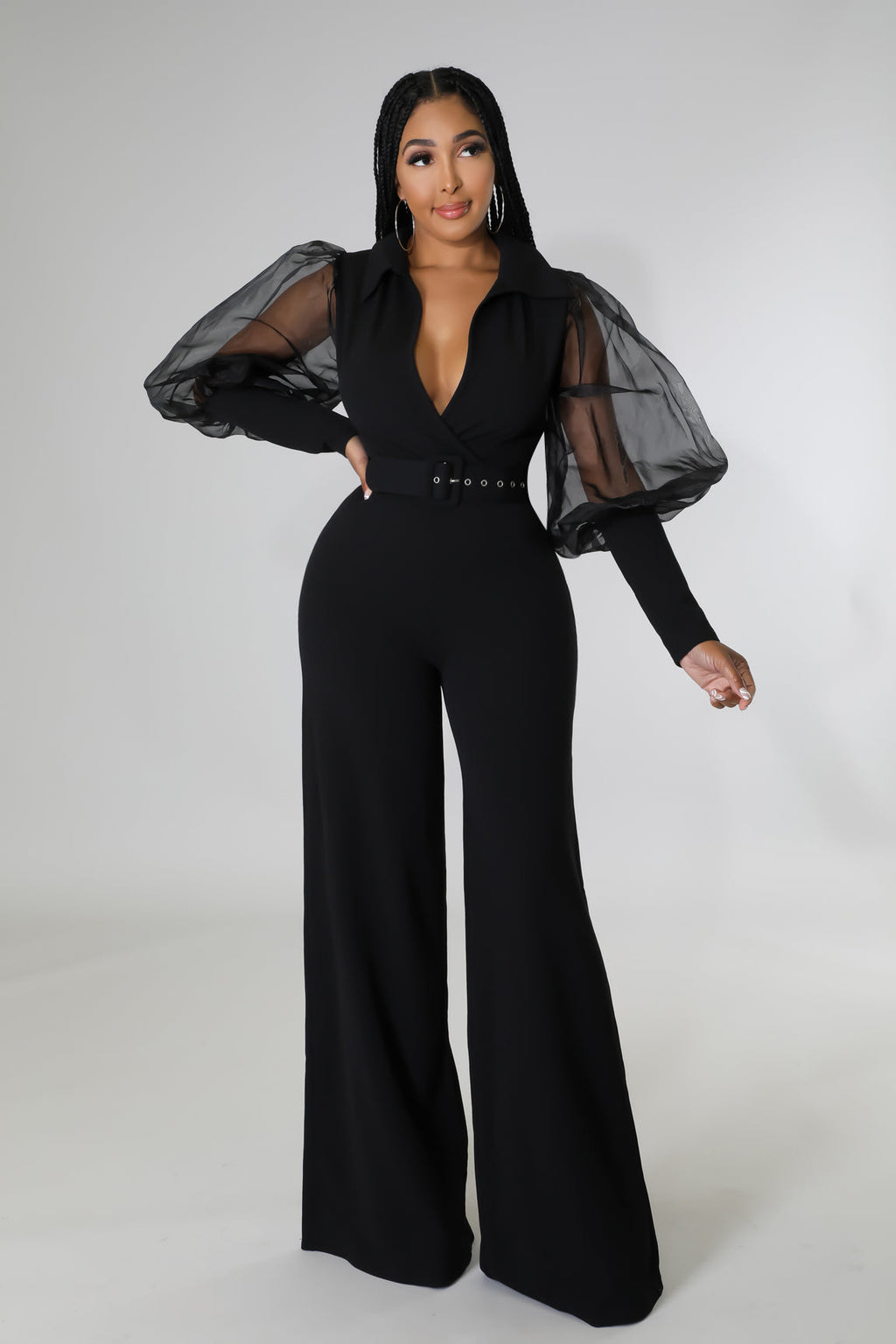 V-neck Mesh Puff Sleeve Special Women Clothing Loose Flared Jumpsuit