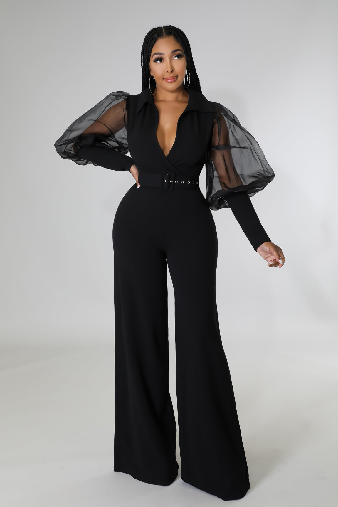 V-neck Mesh Puff Sleeve Special Women Clothing Loose Flared Jumpsuit
