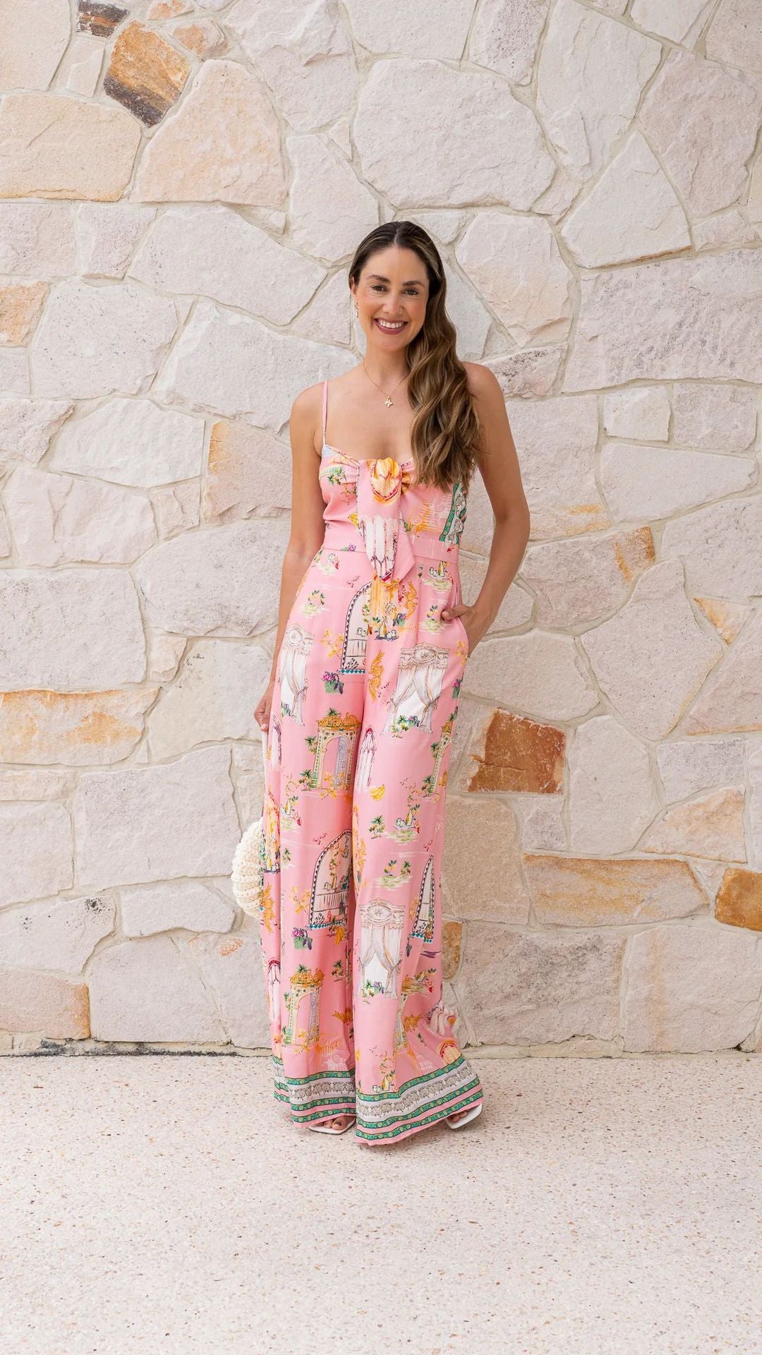 Summer Positioning Printing Casual V neck Strap Wide Leg Lace up Jumpsuit
