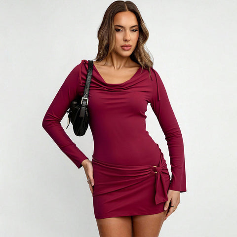 Villa Faro Design Burgundy Pile Collar Long Sleeve Slim Fit Sheath Dress