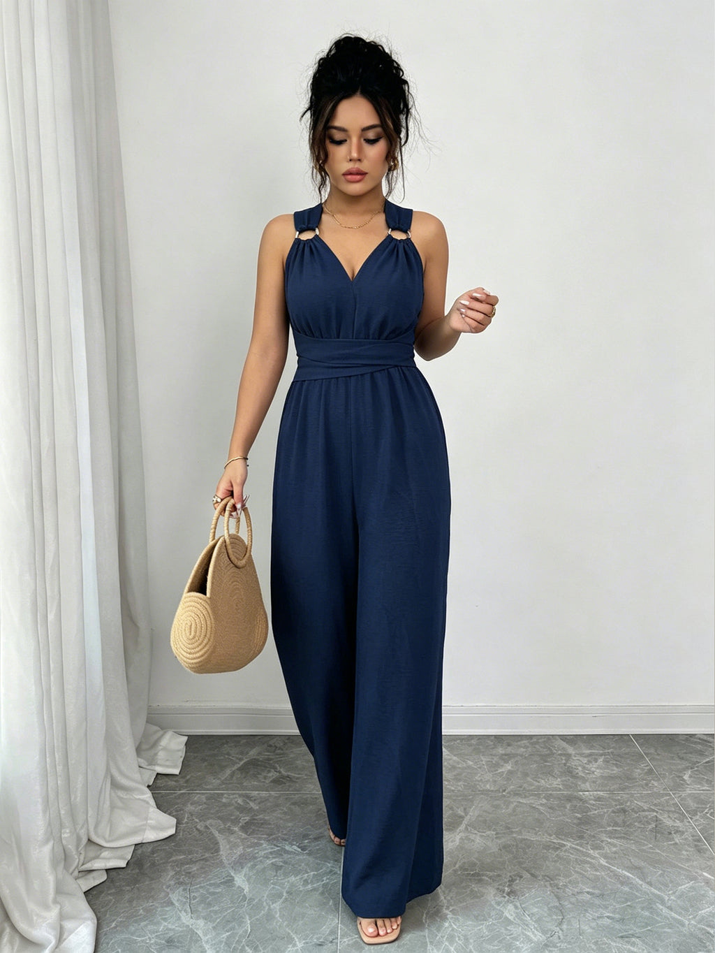 Women Clothing V neck Halter Backless Jumpsuit Waist Controlled Lace up Wide Leg Trousers Office Casual Slimming Jumpsuit