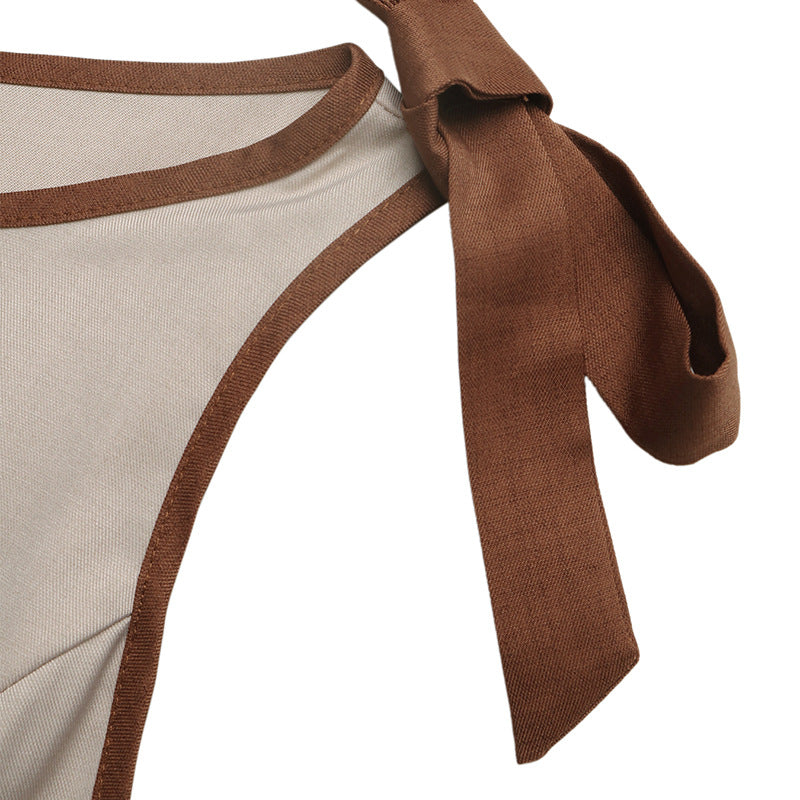 Casual Simple Linen like Contrast Color Shoulder Strap Wide Leg Jumpsuit
